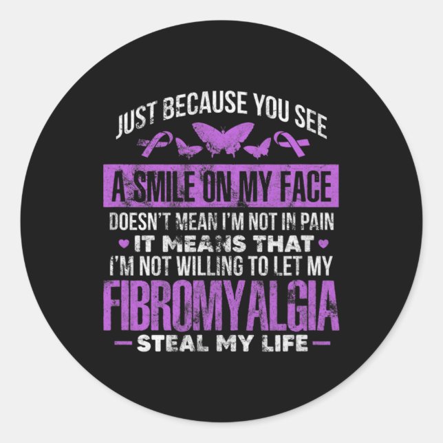 Fibromyalgia Fibro Warrior Purple Ribbon Butterfly Classic Round Sticker (Front)