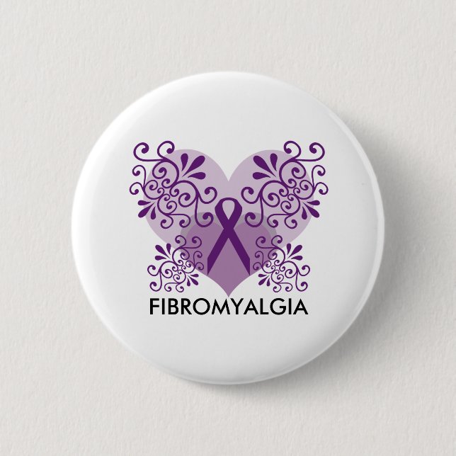 Fibromyalgia Purple Ribbon with Butterfly Pinback Button (Front)