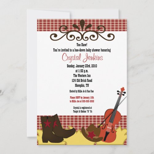 Fiddle, Hat &amp; Boots 5x7 Baby Shower Invitation