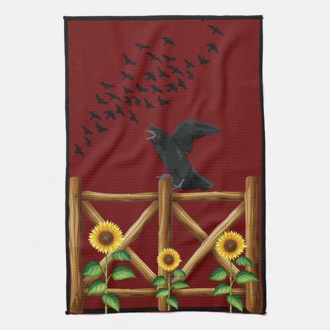 Field Birds Crows Sunflowers Ravens Kitchen Towel (Vertical)