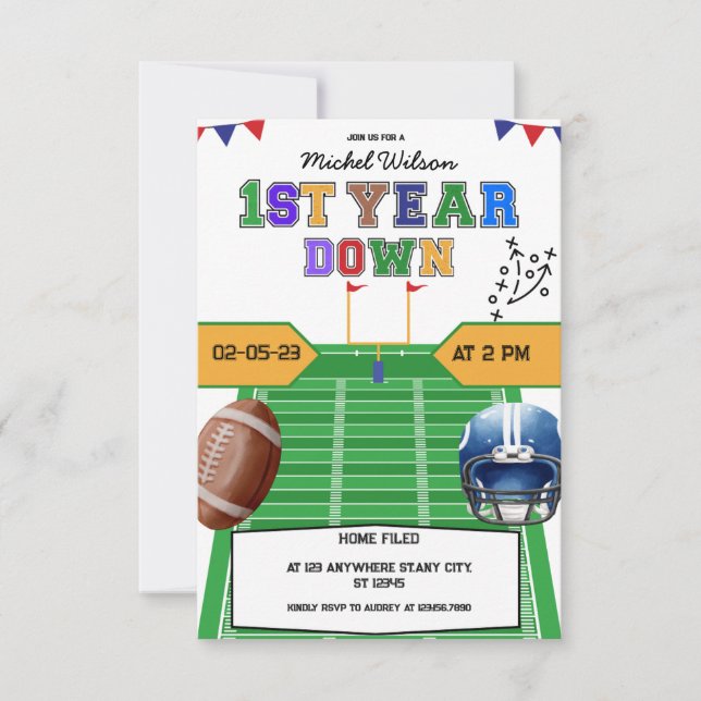 Field First Year Down Football Birthday Party  Invitation (Front)