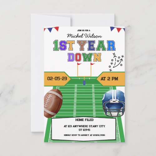 Field First Year Down Football Birthday Party  Invitation
