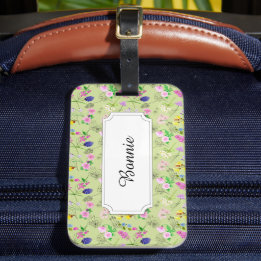 Field flowers in watercolour on green luggage tag