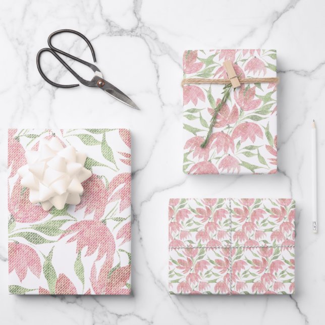 Field Flowers Lace Textured Pink White Wrapping Paper Sheets (Front)