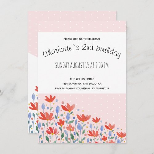 Field Flowers Watercolor In Sweet Red And Blue Announcement