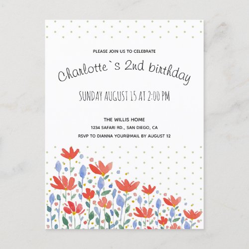 Field Flowers Watercolor In Sweet Red And Blue Announcement Postcard