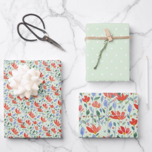 Field Flowers Watercolor In Sweet Red And Blue Wrapping Paper Sheets