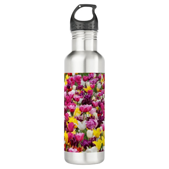 field full of tulips stainless steel water bottle (Front)
