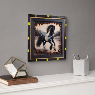 Field Gallop: Charred Wood Gypsy Vanner Square Wall Clock