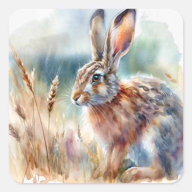 Field Hare Watercolor Square Sticker (Front)