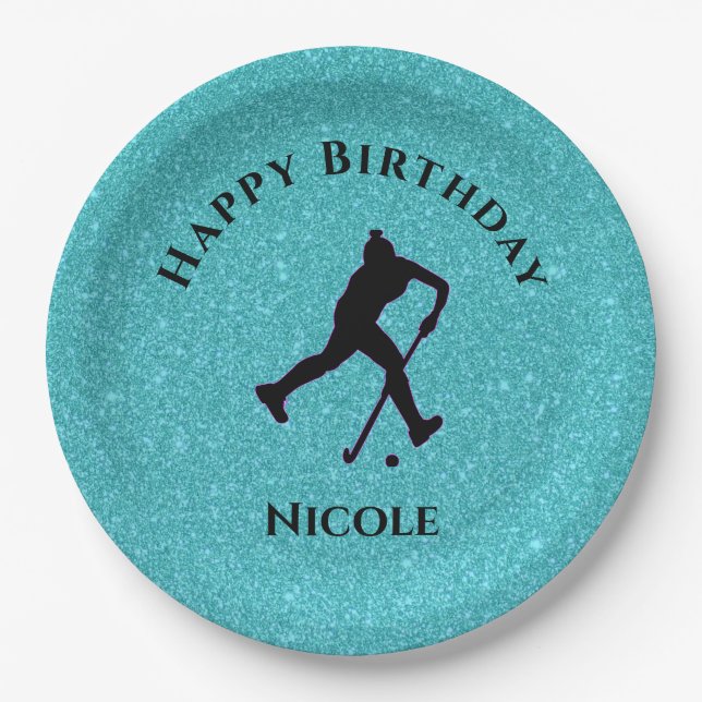 Field Hockey Girls Birthday Sparkle Paper Plates (Front)