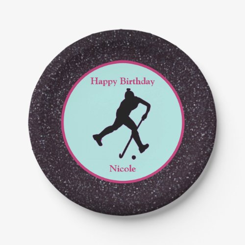 Field Hockey Happy Birthday Sparkle Paper Plate