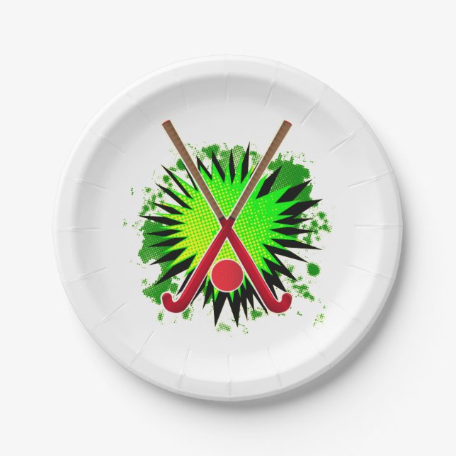 Field Hockey Stick And Ball Splash Paper Plates (Front)