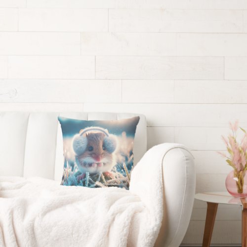 Field Mouse Wearing Earmuffs Throw Pillow