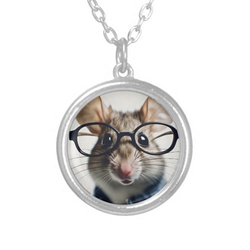 Field mouse Wearing Glasses Silver Plated Necklace