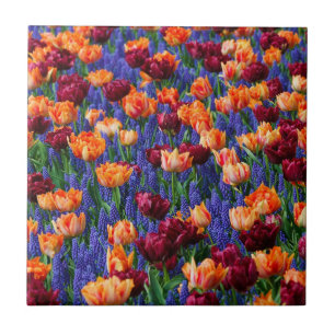 Field of Blue, Orange and Red Flowers Ceramic Tile