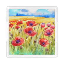 field of bright scarlet poppies watercolor