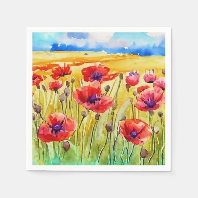 field of bright scarlet poppies watercolor napkins (Front)