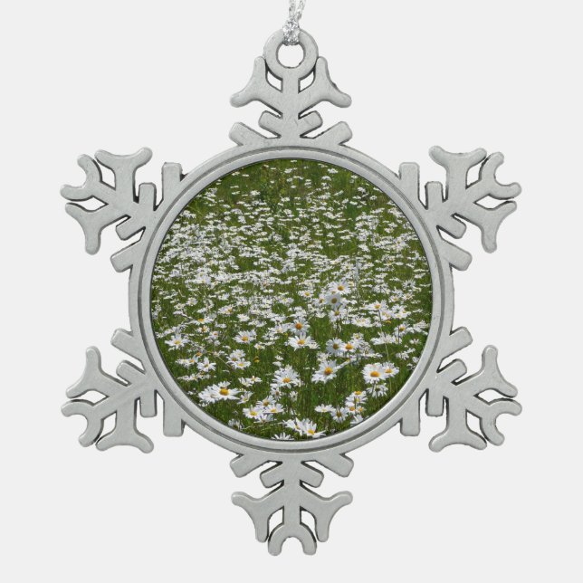 Field of Daisies Alaskan Wildflowers Snowflake Pewter Christmas Ornament (Front)