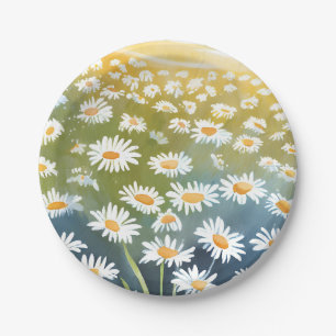 Field of Daisies   Flower Meadow Floral Painting Paper Plates