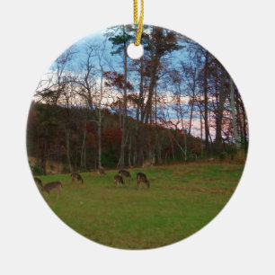 Field of Deer & a Pink SunSet Ceramic Ornament