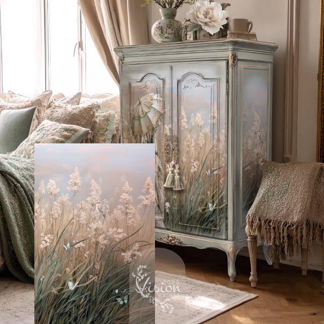 Field of Dreams Bird & Butterflies, Pampas Grass Tissue Paper (Field of Dreams, Floral Pampas Grass, Blue Bird & Butterflies, light dusty blue Decoupage Paper.)
