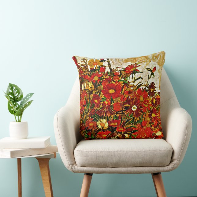 Field of Flowers - Egon Schiele art, Throw Pillow (Chair)