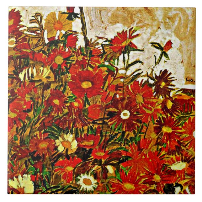 Field of Flowers - Egon Schiele artwork, Ceramic Tile (Front)