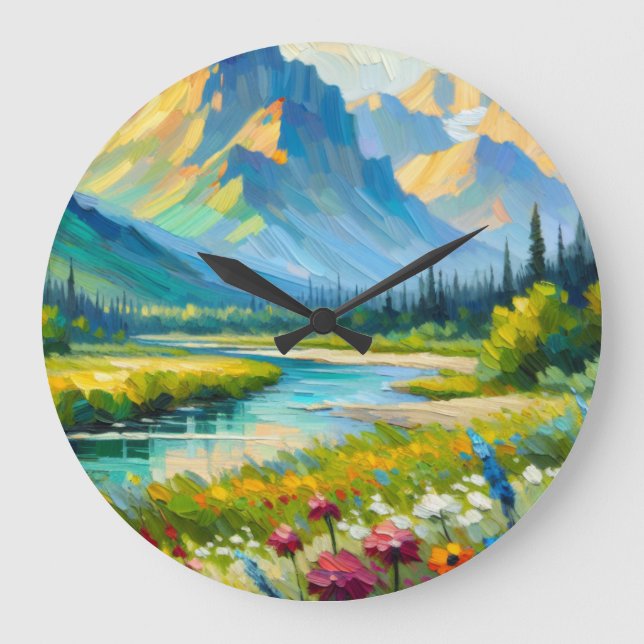 Field of Flowers in the Mountains Large Clock (Front)
