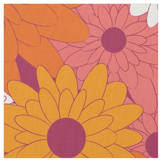 Field of Flowers Pink Retro Print Fabric (Close Up)