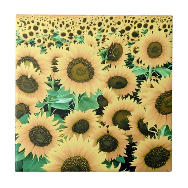 Field of Golden Yellow Sunflowers Ceramic Tile (Front)