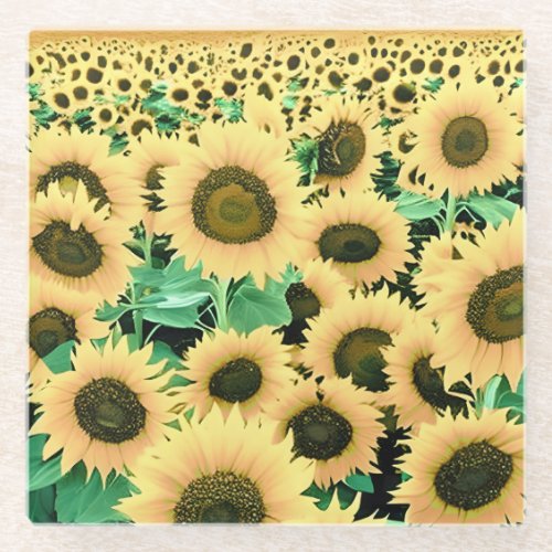 Field of Golden Yellow Sunflowers Glass Coaster