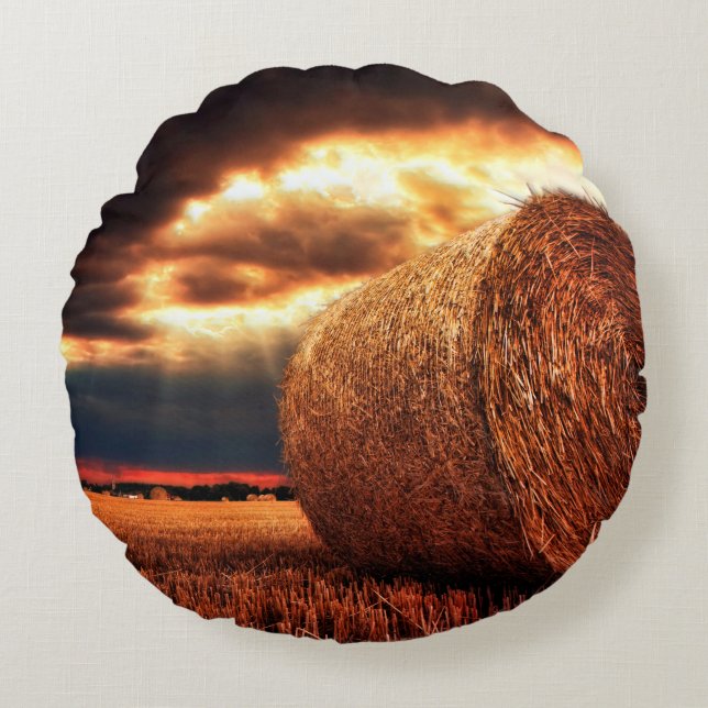 Field of Hay Bales Round Pillow (Front)