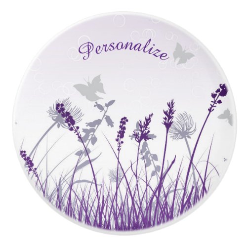 Field of Lavender Flowers Butterflies Personalize Ceramic Knob