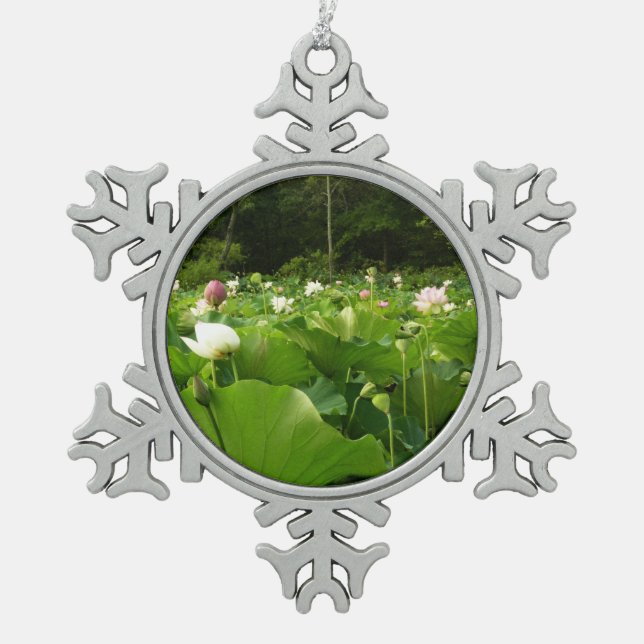 Field of Lotus Flowers Summer Garden Snowflake Pewter Christmas Ornament (Front)