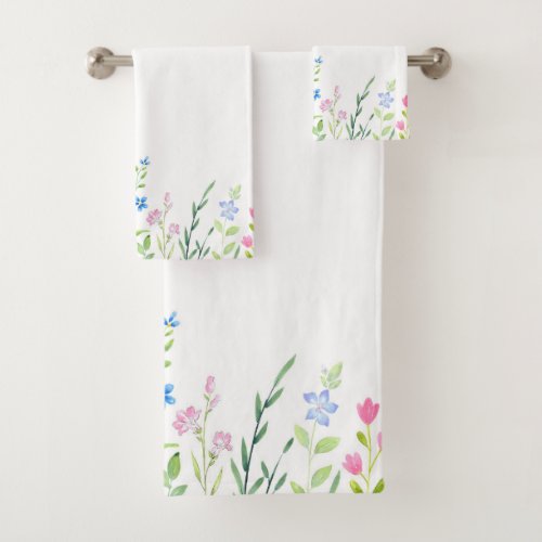 Field of Mixed Watercolor Wildflowers Bath Towel Set