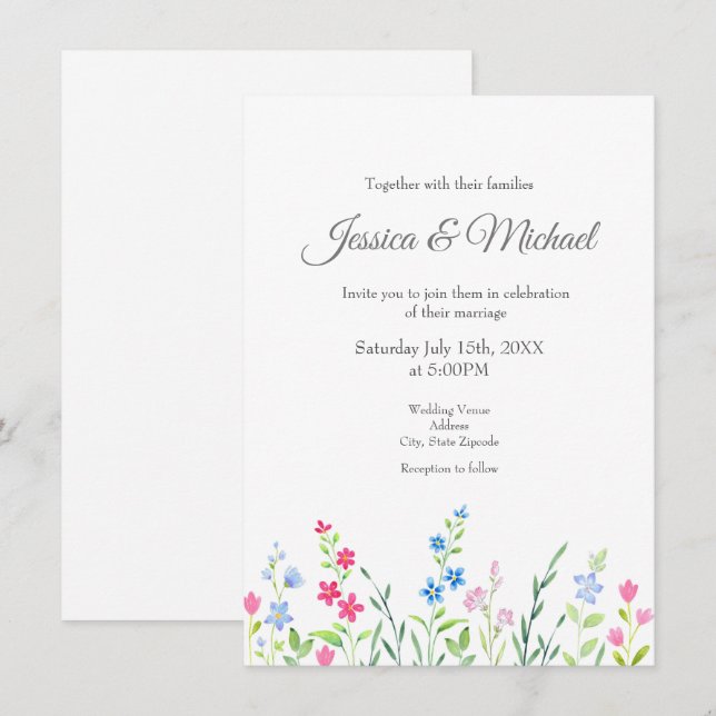 Field of Mixed Watercolor Wildflowers  Invitation (Front/Back)