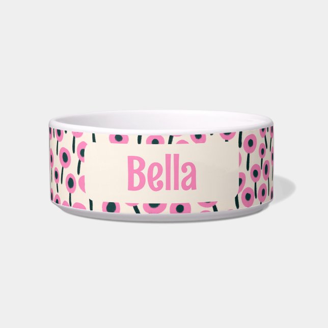 Field of Pink Flowers with Name - Ceramic Pet Bowl (Front)