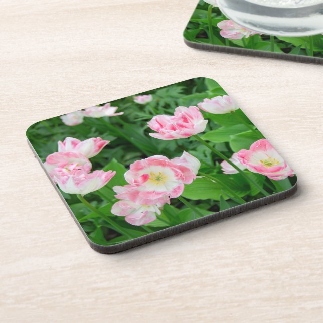 Field of pink tulips beverage coaster (Left Side)
