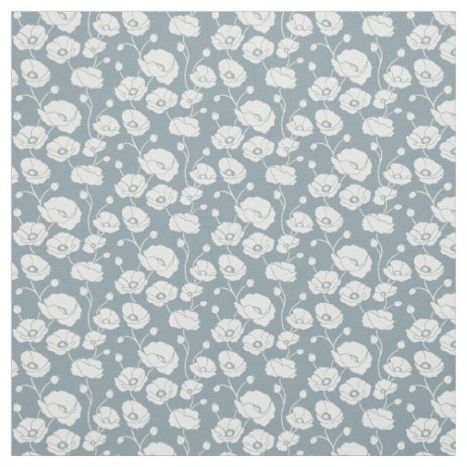 Field of Poppies white on blue Fabric