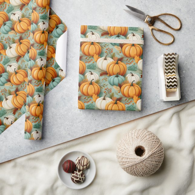 Field of Pumpkins Orange Sea Green ID1079 Wrapping Paper (Crafts)