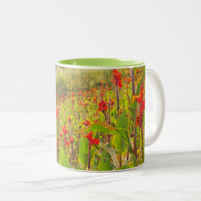 FIELD OF RED CANNA  FLOWERS (PHOTOG) Two-Tone COFFEE MUG (Front Right)