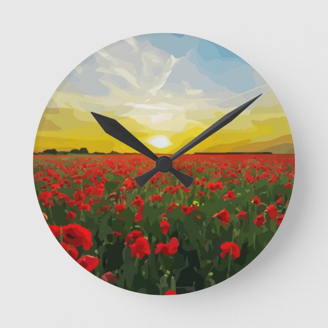 Field of red Poppies with Sunrise Round Clock (Front)