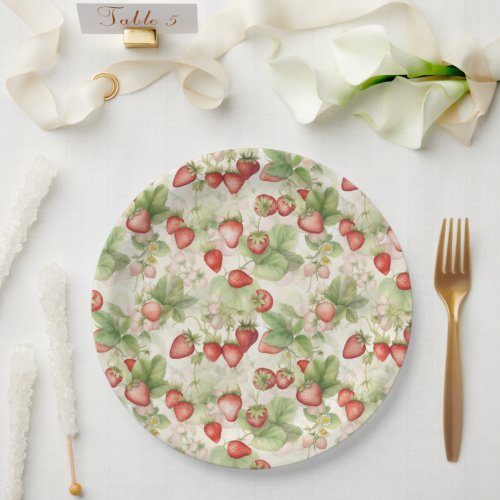field of ripe red strawberries paper plates