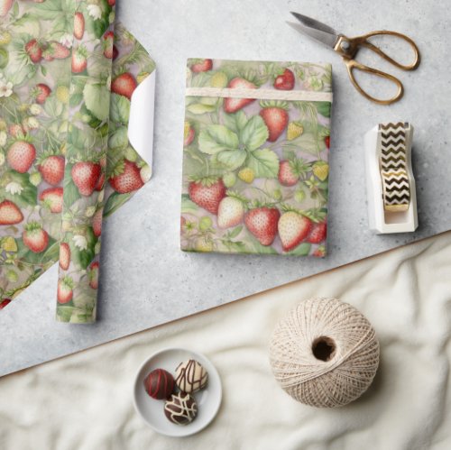 field of ripe red strawberries wrapping paper
