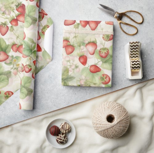 field of ripe red strawberries wrapping paper