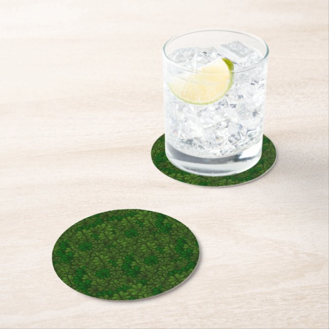 Field of Shamrocks Digital Art Pattern St Patricks Round Paper Coaster (Insitu)
