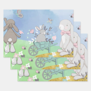 Field of spring bunnies wrapping paper sheets