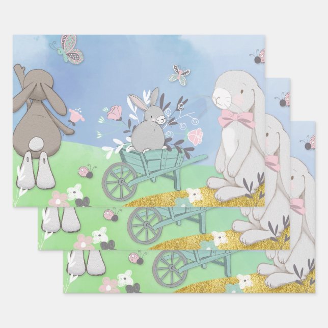 Field of spring bunnies wrapping paper sheets (Set)
