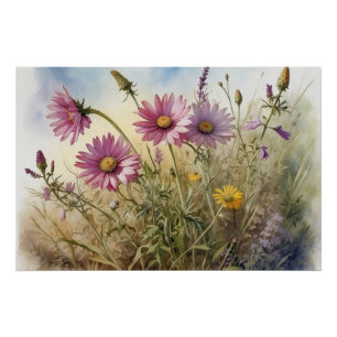 Field of Summer Wildflowers Nature Illustration Poster